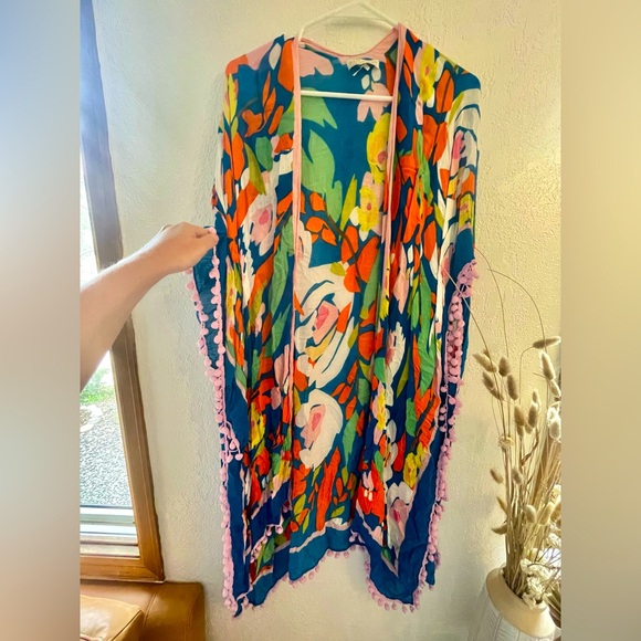 Brilliant Tropical Beach Cover Up with Pom Poms in Blue/Orange - Picture 2 of 4